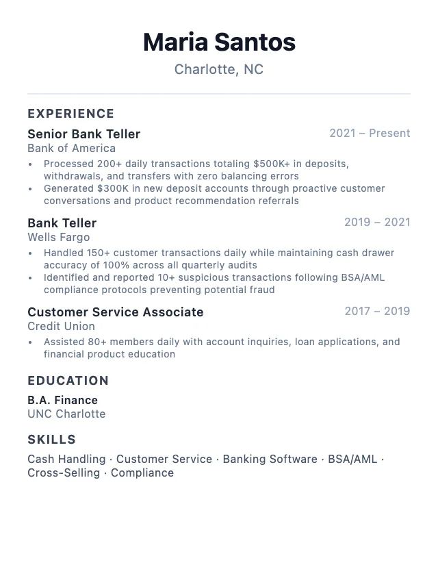 Bank Teller resume example