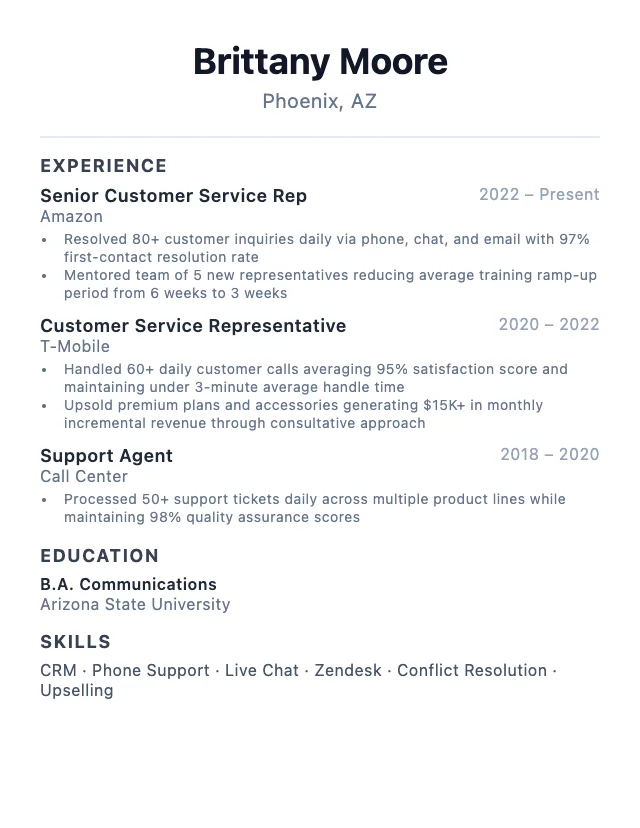 Customer Service Representative resume example