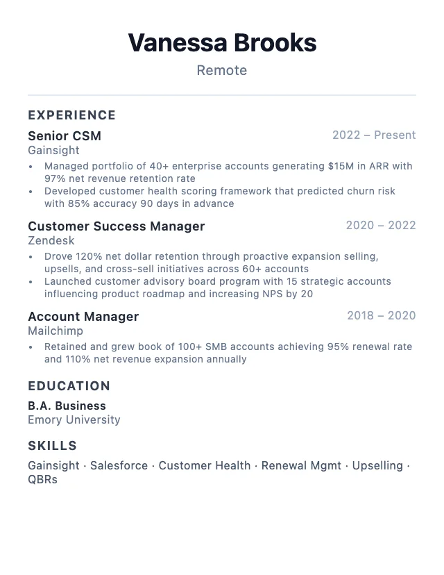 Customer Success Manager resume example