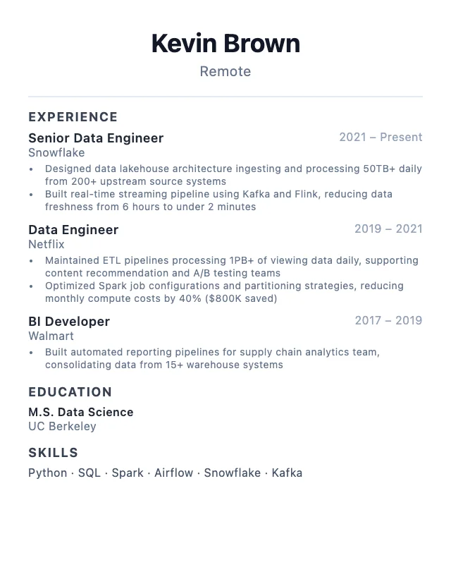 Data Engineer resume example