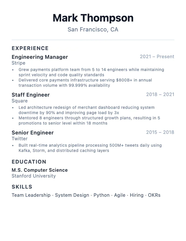 Engineering Manager resume example
