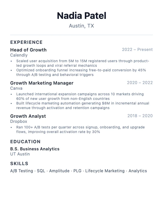 Growth Marketer resume example