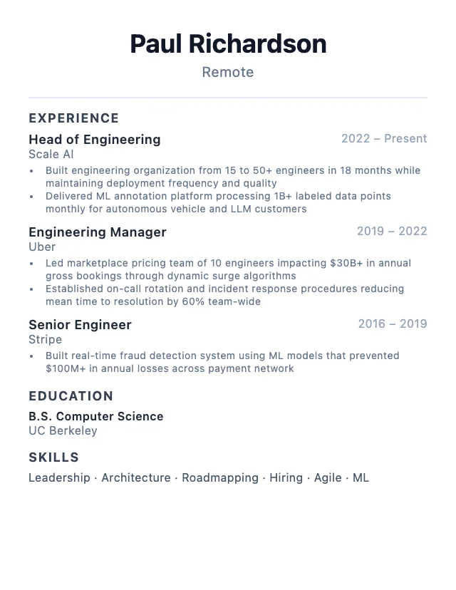 Head of Engineering resume example