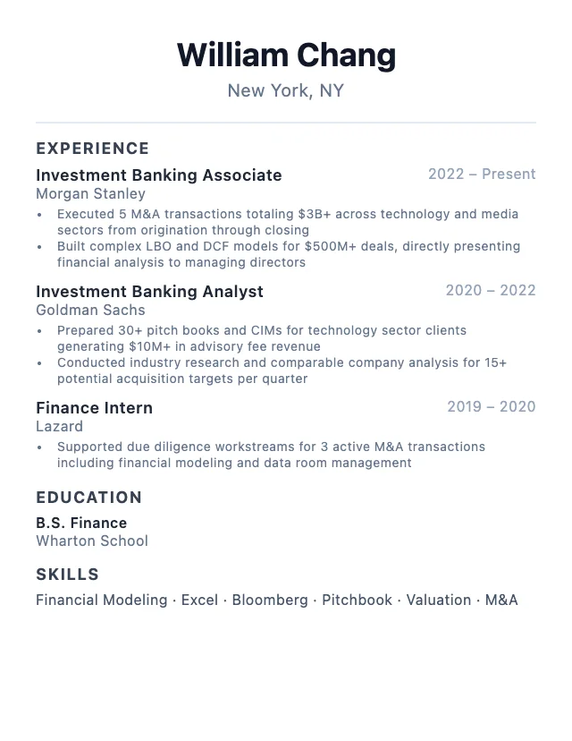 Investment Banking Analyst resume example