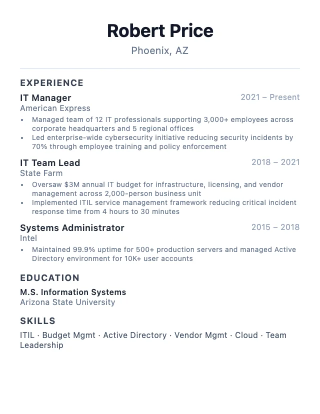 IT Manager resume example