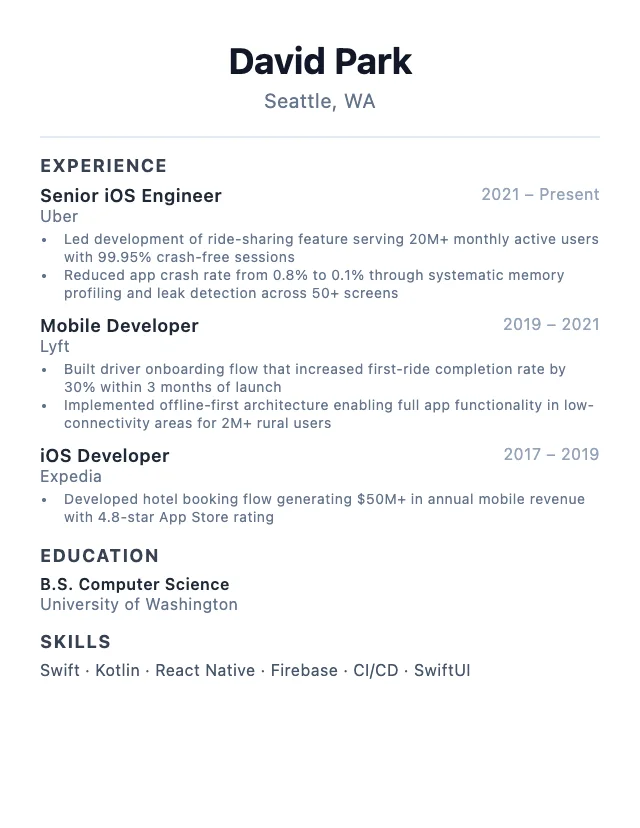 Mobile Developer resume example