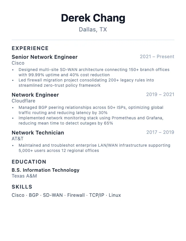 Network Engineer resume example