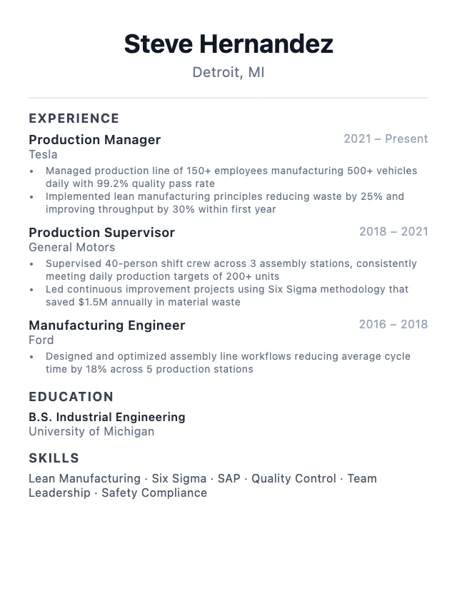 Production Manager resume example