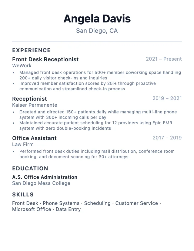 Receptionist resume example