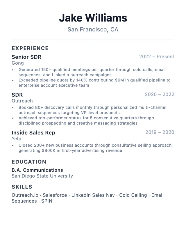Sales Development Representative resume example