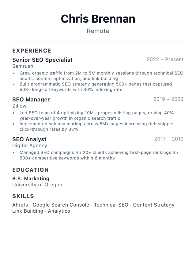 SEO Specialist resume example