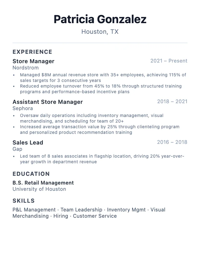 Store Manager resume example
