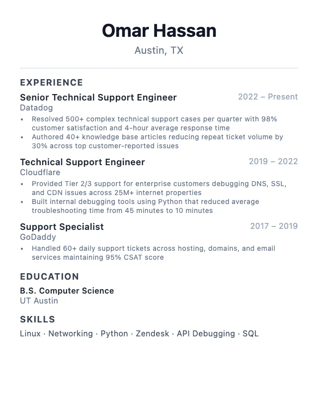Technical Support Engineer resume example