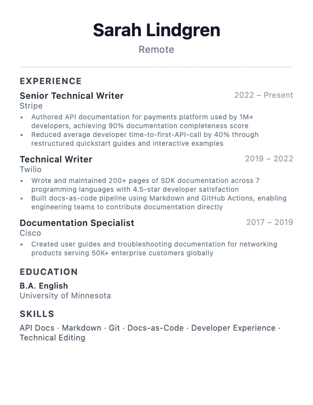 Technical Writer resume example