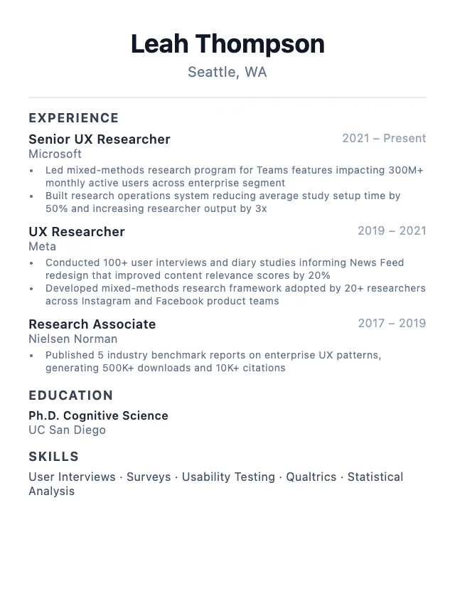 UX Researcher resume example