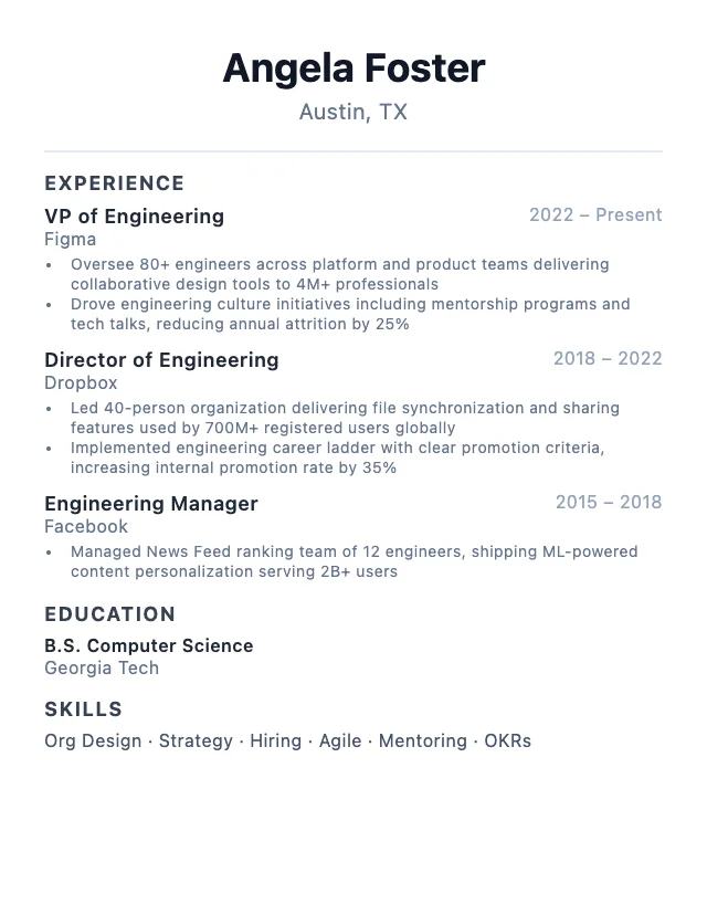 VP of Engineering resume example